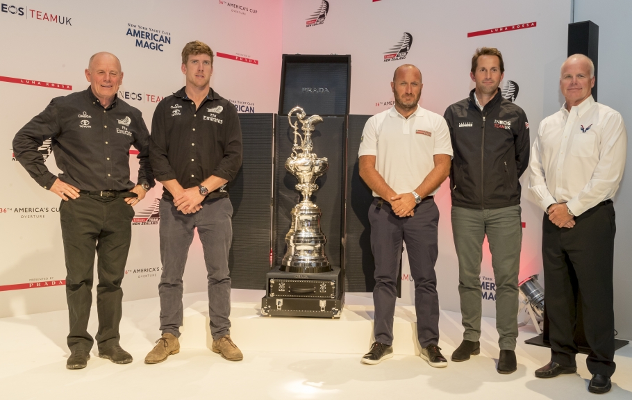 The America's Cup with the new Prada case.
Grant Dalton, CEO Emirates Team New Zealand, Peter Burling, Helmsman Emirates Team New Zealand, Max Sirena, skipper Luna Rossa, Sir Ben Ainslie, skipper INEOS Team UK, Terry Hutchinson, skipper American Magic